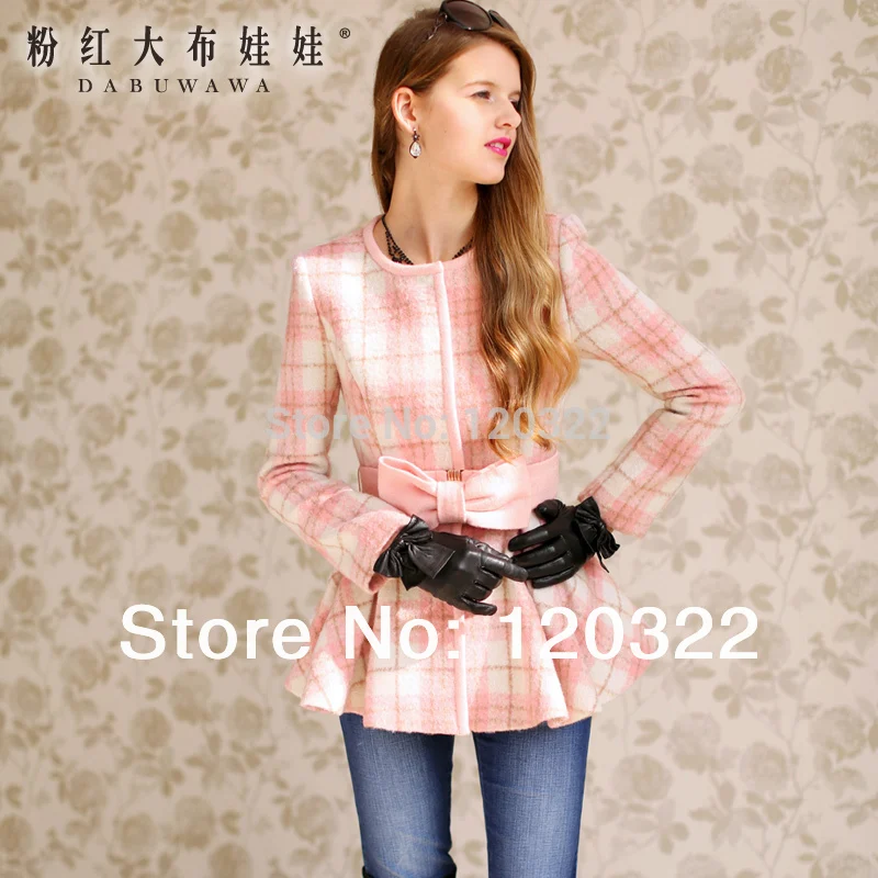 dabuwawa 2016 Brand Autumn and Winter Pink Plaid Bow Slim Casual Elegant Wool Long Women Casacos
