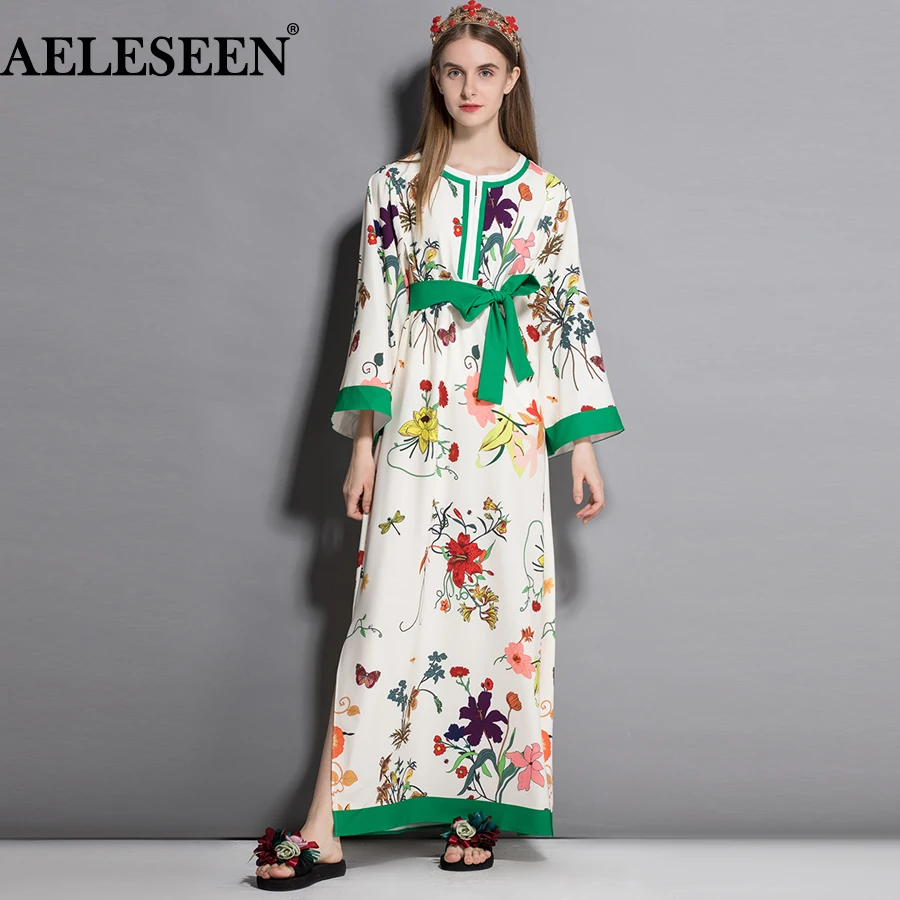 

AELESEEN 2018 Fall Plus Size New Women Dresses Garden Flower Belt Fashion XXXL Print Full Sleeve Vintage Split Maxi Long Dress