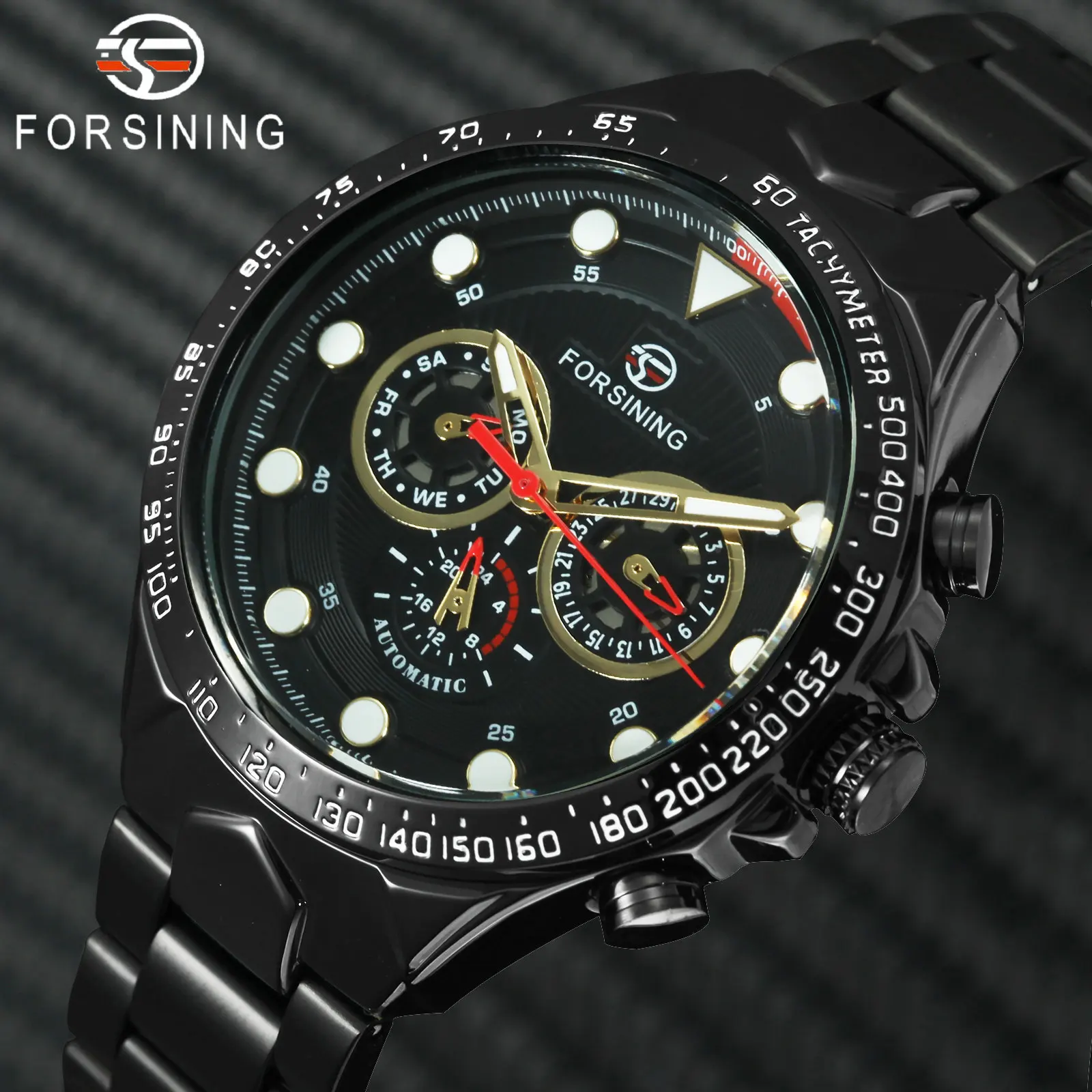 

2019 Men Sports Watches FORSINING Luxury Brand Man Watch 3 Dials 6 Hands Calendar Multifunction Stainless Steel Strap Wristwatch