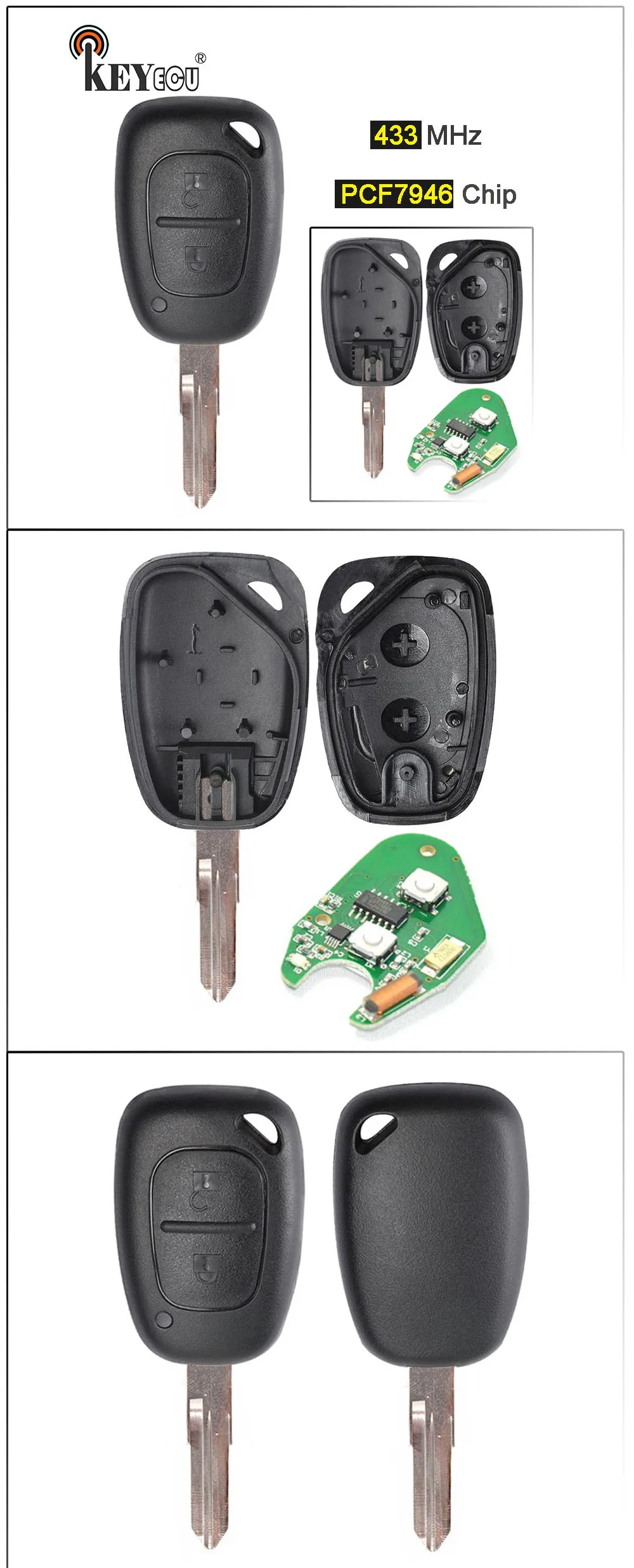 KEYECU 10x433 MHz PCF7946 чип 2 кнопки Замена дистанционного ключа брелок дистанционного управления для Renault Kangoo 2003 2004 2005 2006 2007 2008