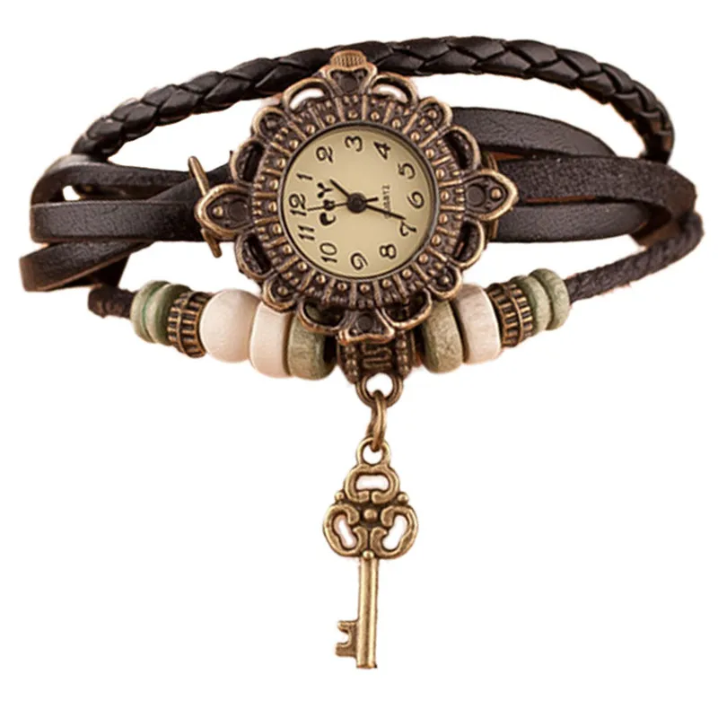 Модные часы с кожаным браслетом, женские повседневные часы, винтажные наручные часы с бусинами в виде листьев, Роскошные Кварцевые женские часы, relogio feminino# C - Color: A