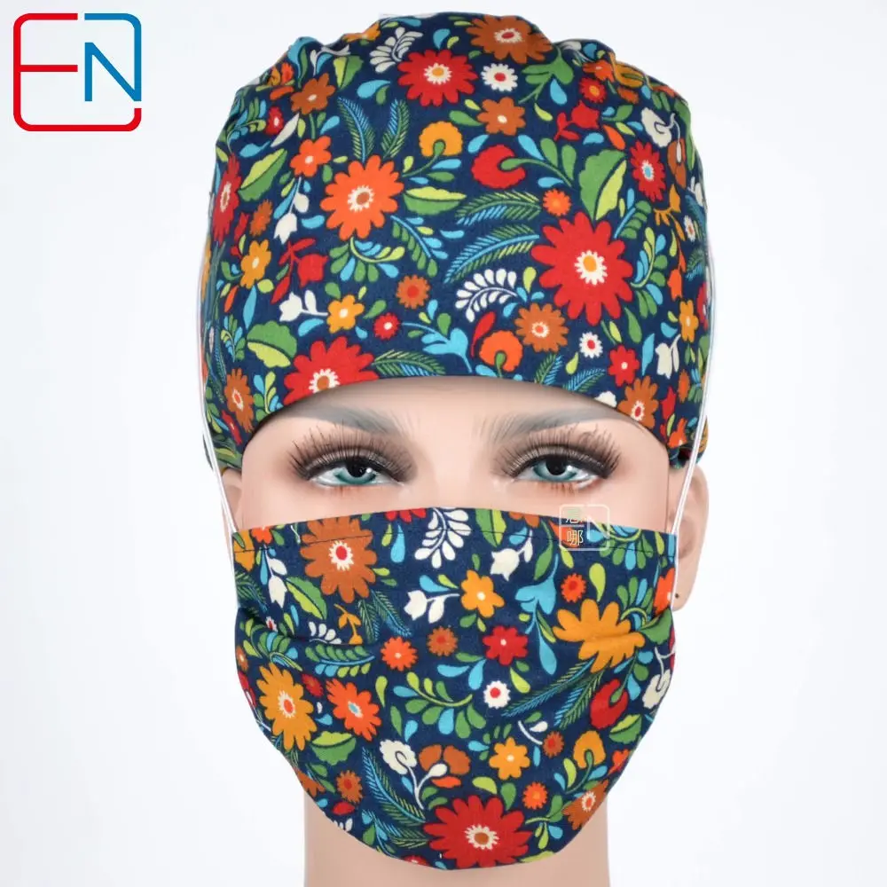 Женские Хирургические колпачки с маленькими цветами - Цвет: Cap and mask
