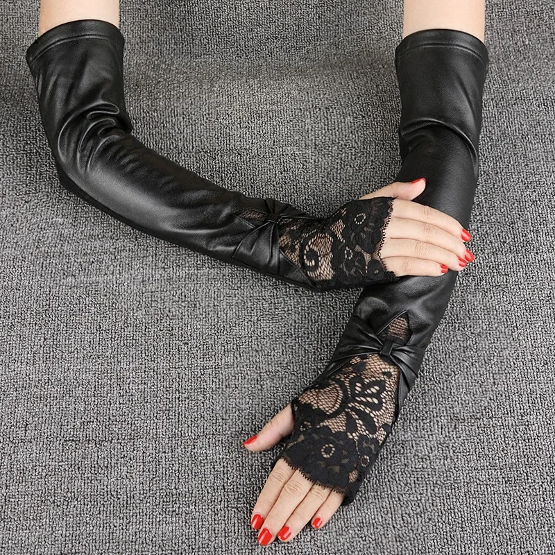 Fashion Black Lace Sheepskin Gloves Female 40cm Long Arm Warmers Women Semi-Fingers Gloves Genuine Leather Half Finger Mittens