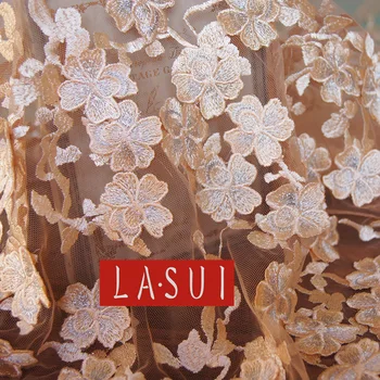 

LASUI 2017 High end Noble Soft Champagne light orange series 3D manual embroidery decals silver thread lace fabric dress X0255