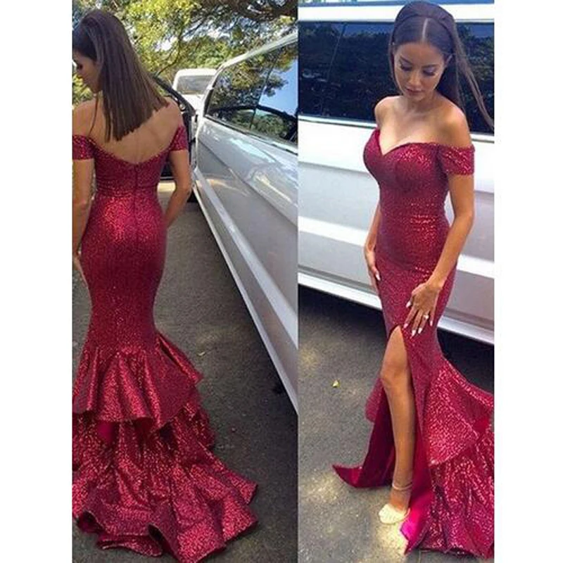 

Vestido de Fiesta Off-the-Shoulder Sequined Lace Burgundy Mermaid Prom Gowns 2018 Front Split Sweep Train Vestidos de Graduacion
