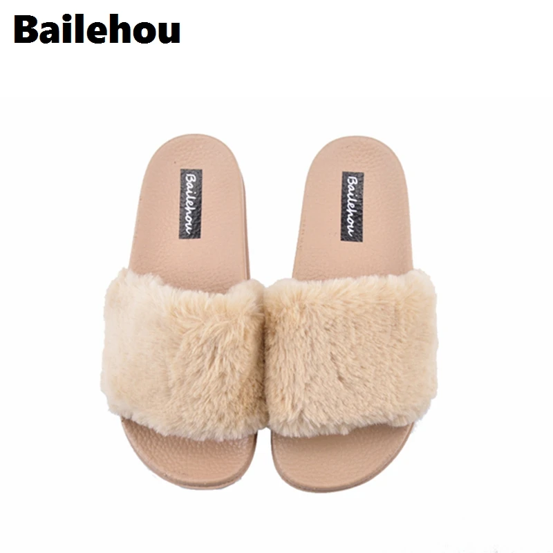 Bailehhou/Женская обувь на плоской подошве; уличные меховые тапочки; повседневные Шлёпанцы на плоской подошве; Вьетнамки; сандалии; плюшевые тапочки; размеры 36-41