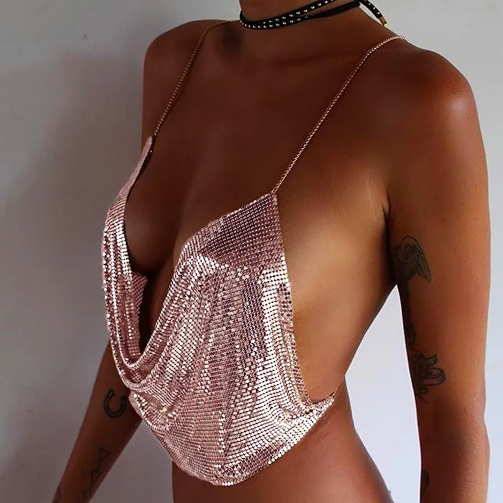 2019 Women Metal Sequin Tank Top Sexy Deep V-neck Camisole Backless Halter Cami Tops Gold Sequined Crop Top Night Party Clubwear