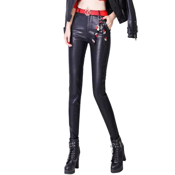 

ACRMRAC Women pants Slim Solid color Autumn And Winter Plus velvet Thicken Skinny PU Pencil pants casual pants Women PU009