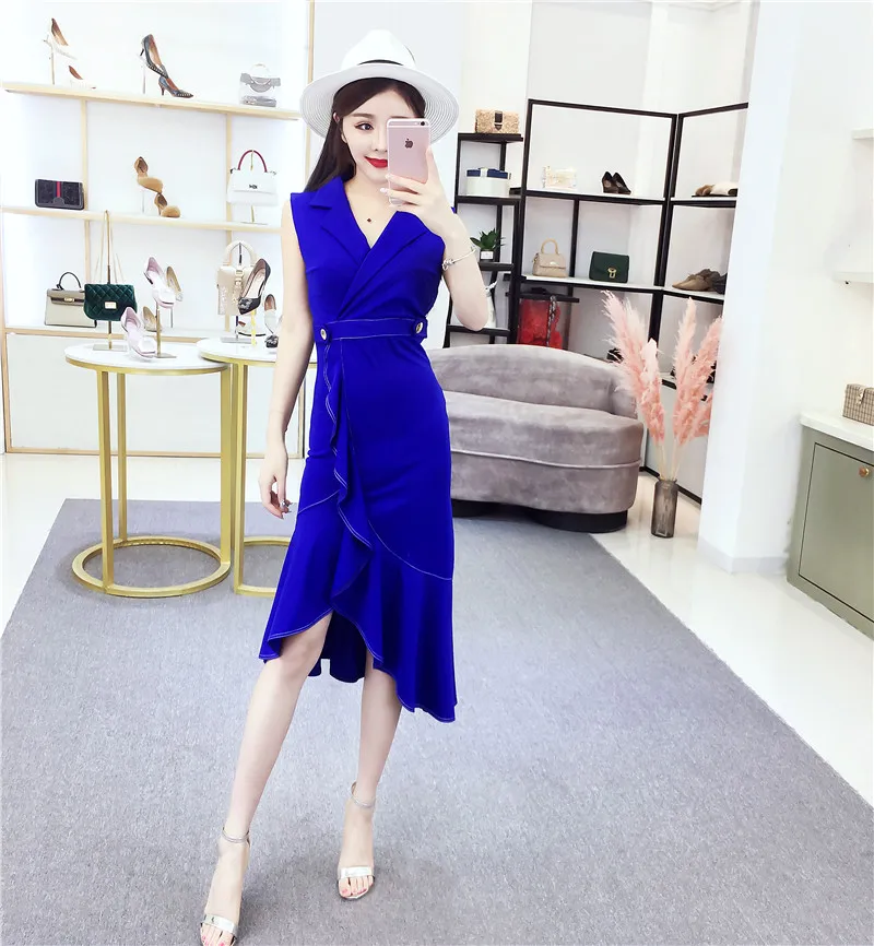 summer notched Women's Clothing dresses Ladies fashion brand ruffles off shoulder dress Korean Asymmetric vestidos verano new