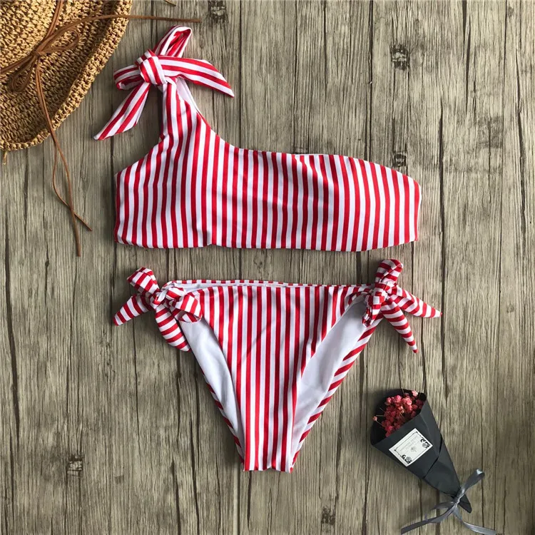 Женский полосатый бандаж на одно плечо, пуш-ап мягкий комплект бикини, купальник, купальный костюм, много танкини, пляжная одежда - Цвет: Красный