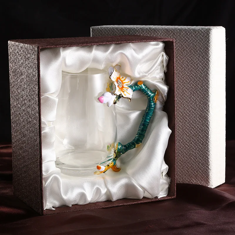 3 HIBOUR Unique Chrysanthemum Enamel Flower with Handgrip  Original Coffee Mugs Top Quality Glass Cups with Gift Box 400ml
