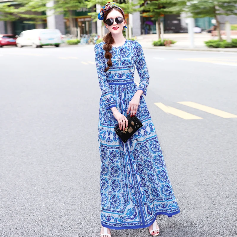 

2018 Runway Fashion Women Long Sleeve Vintage Blue White Porcelain Majolica Printed Holiday Dress Maxi Long O-neck Dress JC2257