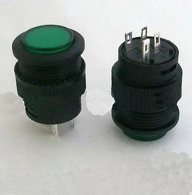 (5)Green 2Pin SPST 1A 250VAC 16mm Hole NO Momentary PushButton Switch With Light