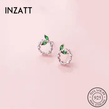 

INZATT Cute Geometric Plant Green Crystal Round Zircon Stud Earrings For Women Party Gift Real 925 Sterling Silver fine Jewelry