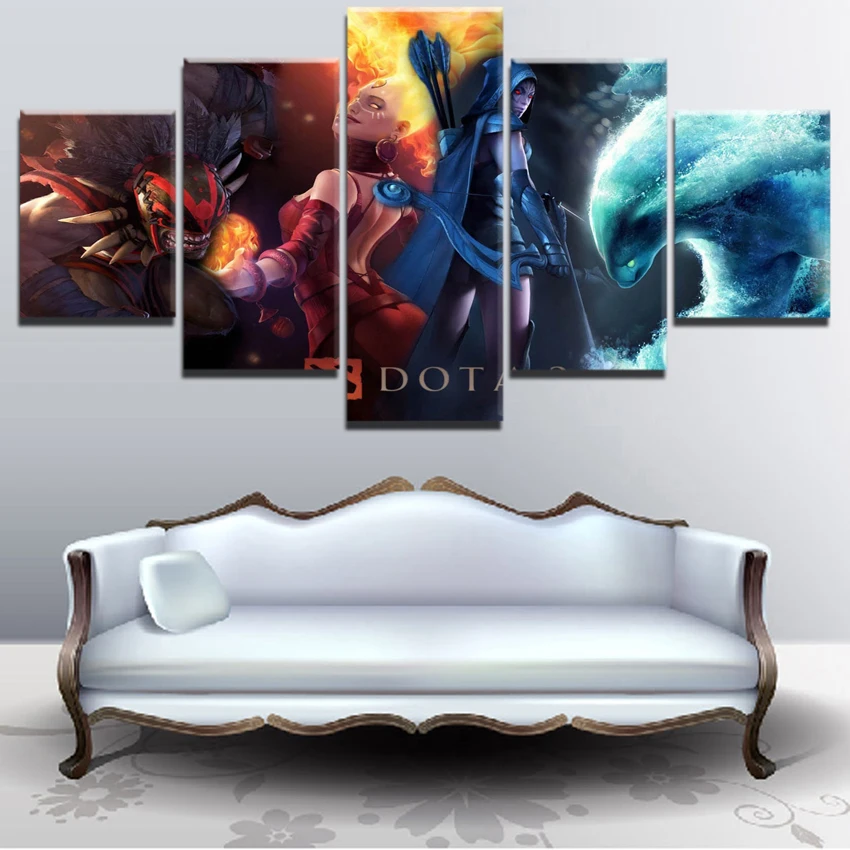5 Pieces DotA 2 Fire And Water Warrior Wall Art Game Modular Picture Home Decoration Living Room On