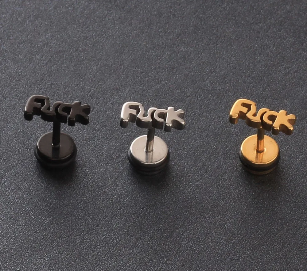Word "F uck" style Stud Earring, 316L Stainless Steel Titanium Screw