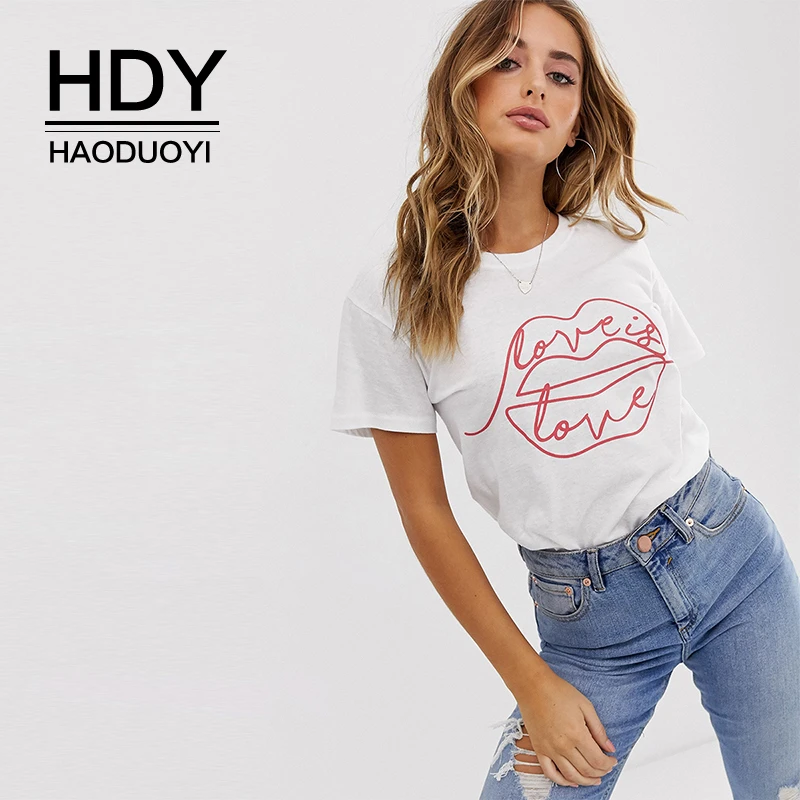 

HDY Haoduoyi 2019 New Fashion Summer Printing Simple Womens Female Ladies Casual Tees O-Neck Short Sleeve Tops Cotton T-shirt