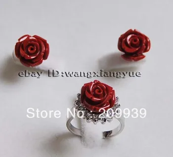 

huij 0041 free ship Charming!12MM Hand Carved Red Coral Flower Earrings /Ring Set