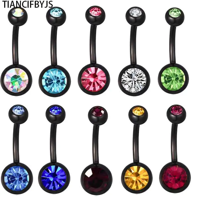 

TIANCIFBYJS Double Gem Black Crystal Belly bar Mix 10 Color 50pcs/lot 14G Anodized Body Piercing Jewelry Navel Belly Button Ring