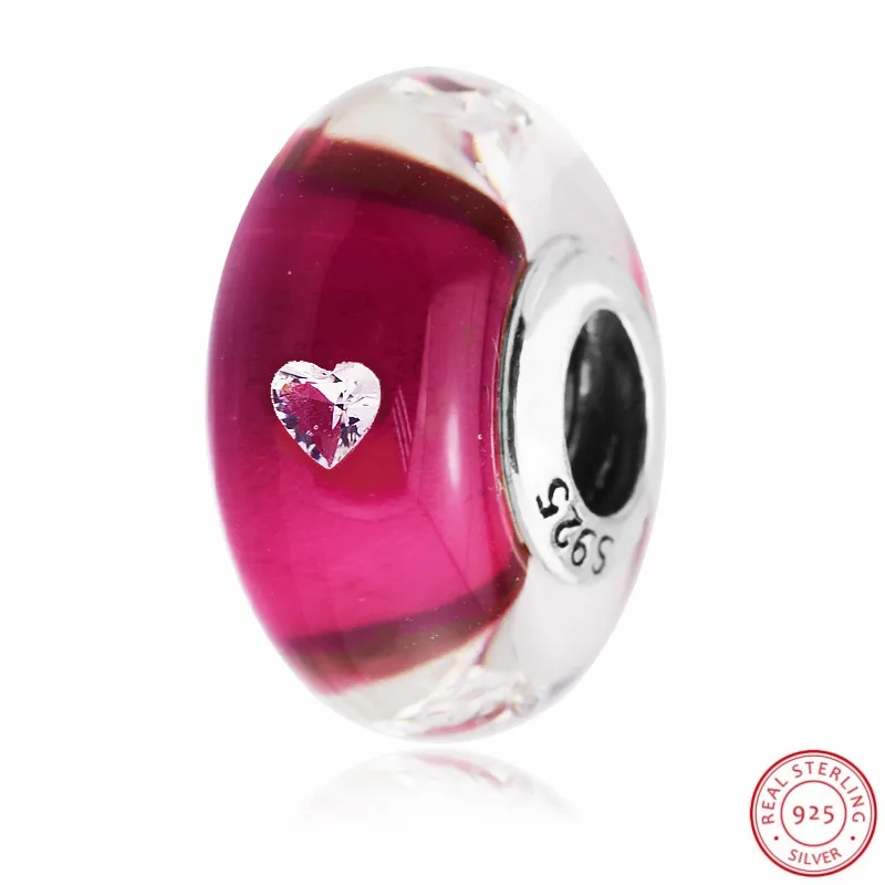 

925 Sterling Silver Romantic Heart-shaped CZ & Cerise Pink Murano Glass Beads DIY Fit PANDORA Charms for Jewelry Making P5034