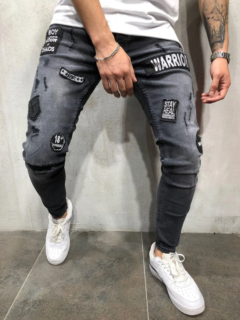 Skinny Hole Ripped Denim Jeans for Men Hip Hop Slim Fit Streetwear Patchwork Badge Distressed Black Pencil Pants