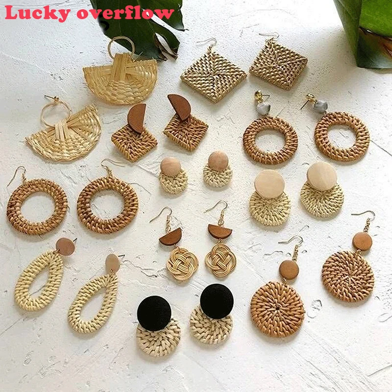 

Luckyoverflow Bohemia Handmade Wooden Straw Weave Rattan Vine Braid Vintage Drop Earrings for Women New Fashion Long Earrings
