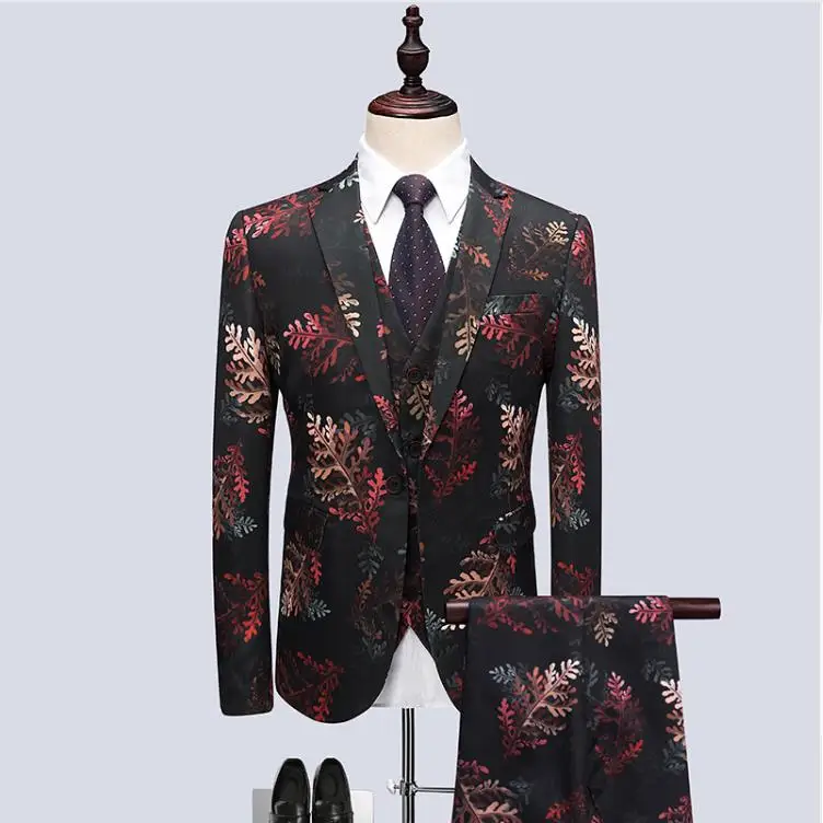 

(Jacket+Vest+Pants) 2019 Leaf Pattern Host Dress Men Suits Fashion Party Dresses Men's Slim Fit Business Men Wedding Suit