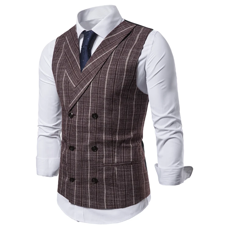Для мужчин жилет Мода полосатый двубортный британский стиль костюмные жилеты для Для мужчин плед жилет для делового костюма куртка без