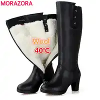 MORAZORA 2020 ใหม่ขนสัตว์ธรรมชาติเข่าสูงรองเท้าผู้หญิงรอบ toe หนังแท้รองเท้าหนังแฟชั่นชุดรองเท้าส้นสูงรองเท้าบู๊ตหิมะฤดูหนาวขนสัตว์