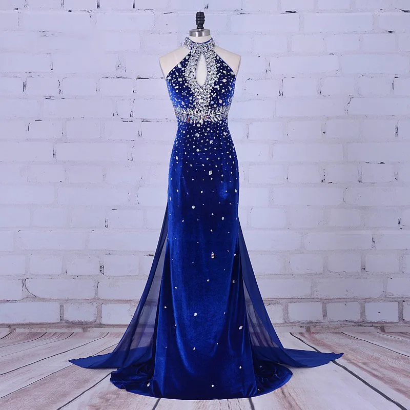 

Luxury Evening Gowns High Neck Beaded Velvet Crystals Mermaid Royal Blue Prom Dress robe de soiree 2019 abendkleider kurz