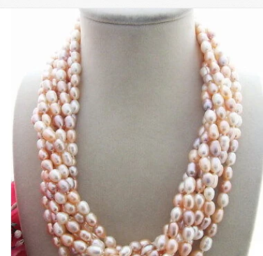 Beautiful! 8row 5x7MM pink Purple Pearl Necklace