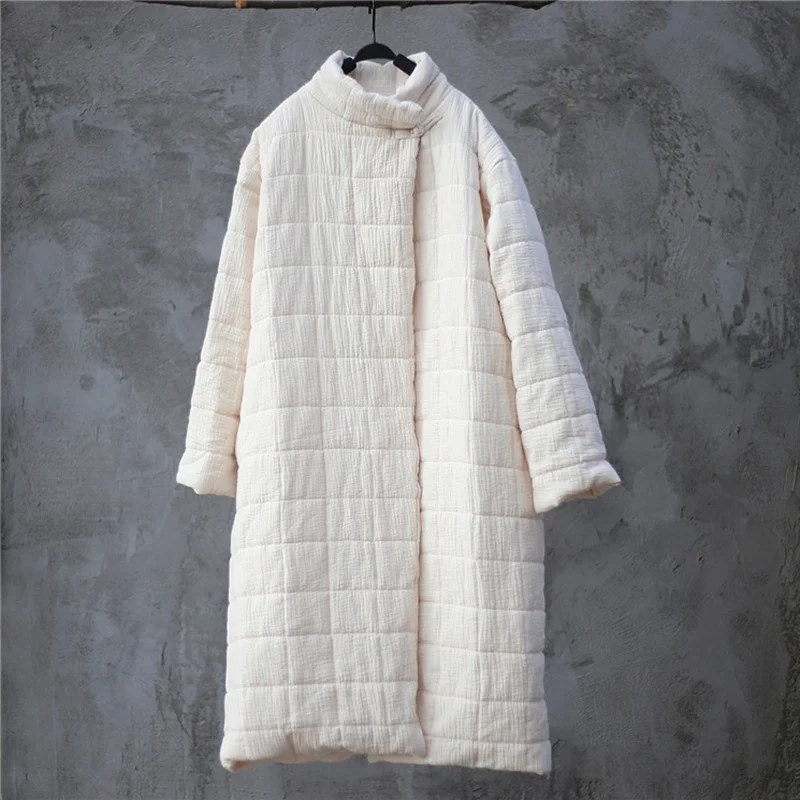 Johnature 2018 Autumn Winter Solid Color Women Parkas Coats New Loose Stand Collar Vintage Cotton Linen Long Section Coats