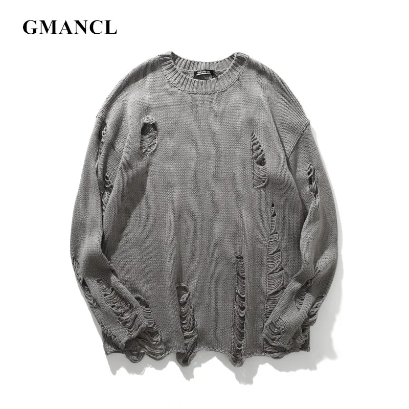 Streetwear korean clothes Men Autumn New Ripped Holes Solid designer Sweater Vintage Oversized Warm Wool Pullovers Sweater