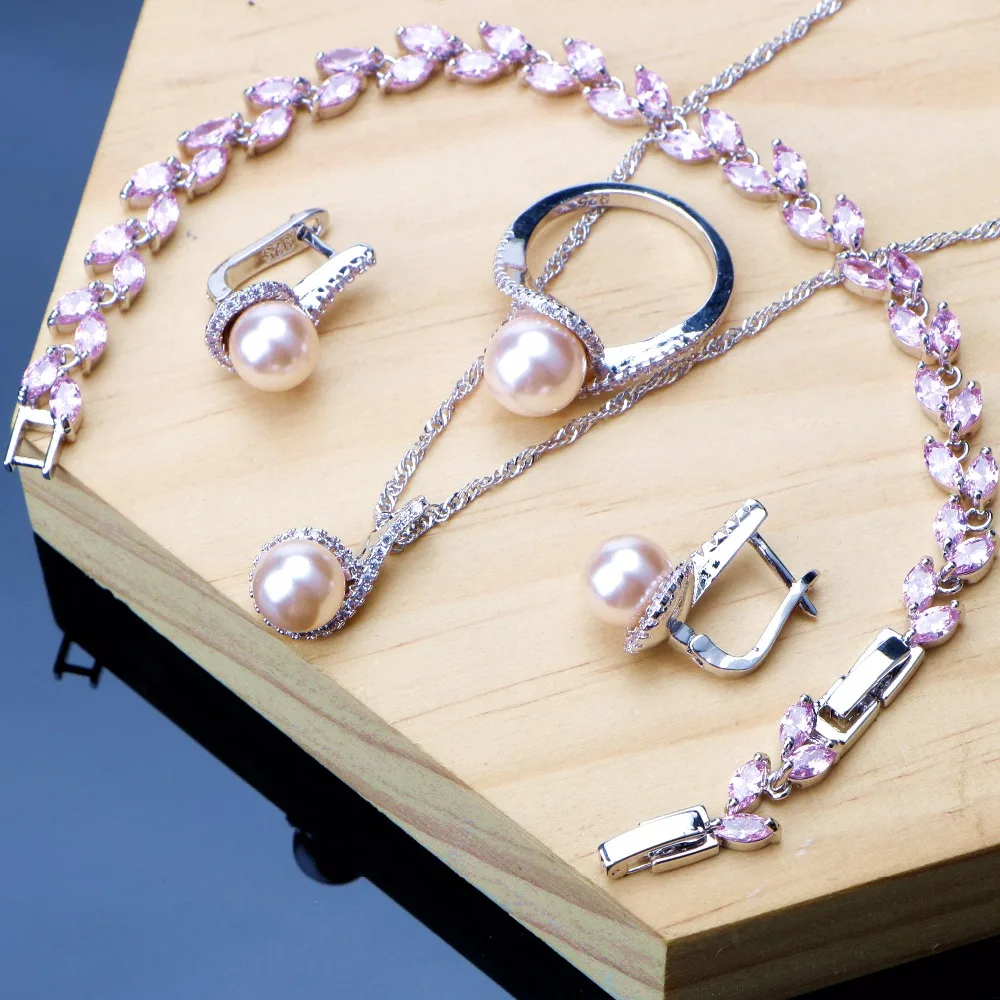 

Wedding Pearl Jewelry Sets For Women Silver 925 Jewelry White Zirconia Earrings Ring Necklace Set Pink Bracelet Dropshipping