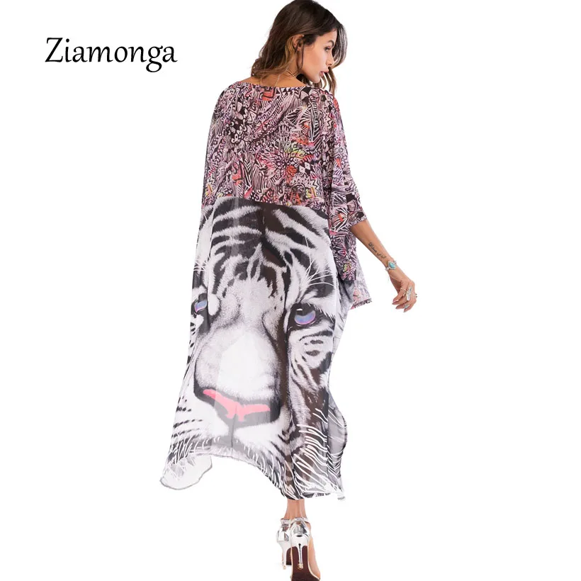 

Ziamonga Summer Oversized Dress Floral Tiger Animal Print Chiffon Dresses Long Back Short Front Open Stitch Kimono Beach Dress