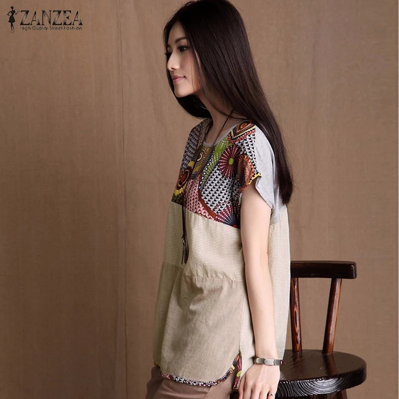 2019 أزياء المرأة فضفاض تي شيرت س الرقبة قصيرة الأكمام طباعة الكتان القطن عارضة المحملة قمم Blusas Femininas زائد حجم الصيف فضفاض