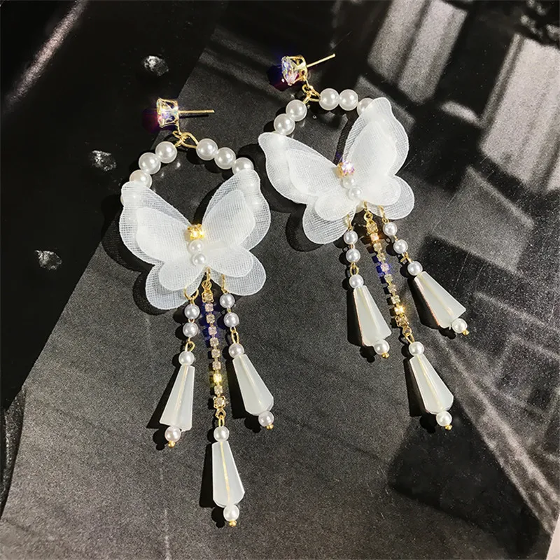 

FYUAN Long Tassel Crystal Drop Earrings for Women Bijoux Korean Style White Butterfly Pearl Dangle Earrings Jewelry Gifts