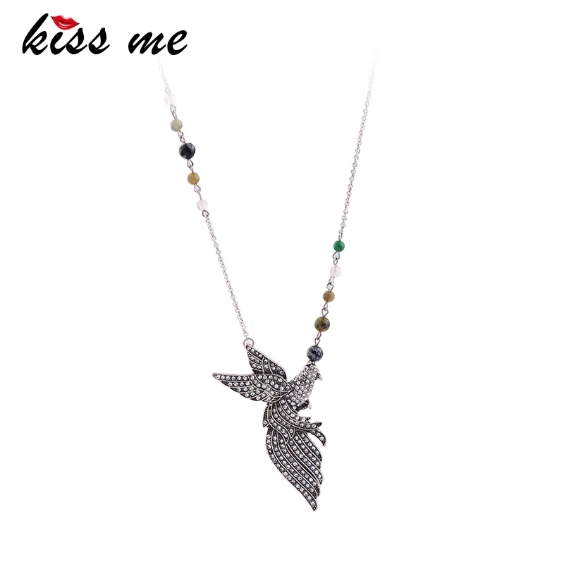 

KISS ME Antique Silver Color Synthetic Stone Beads Chain Rhinestone Bird Pendant Necklace Women Jewelry Accessories