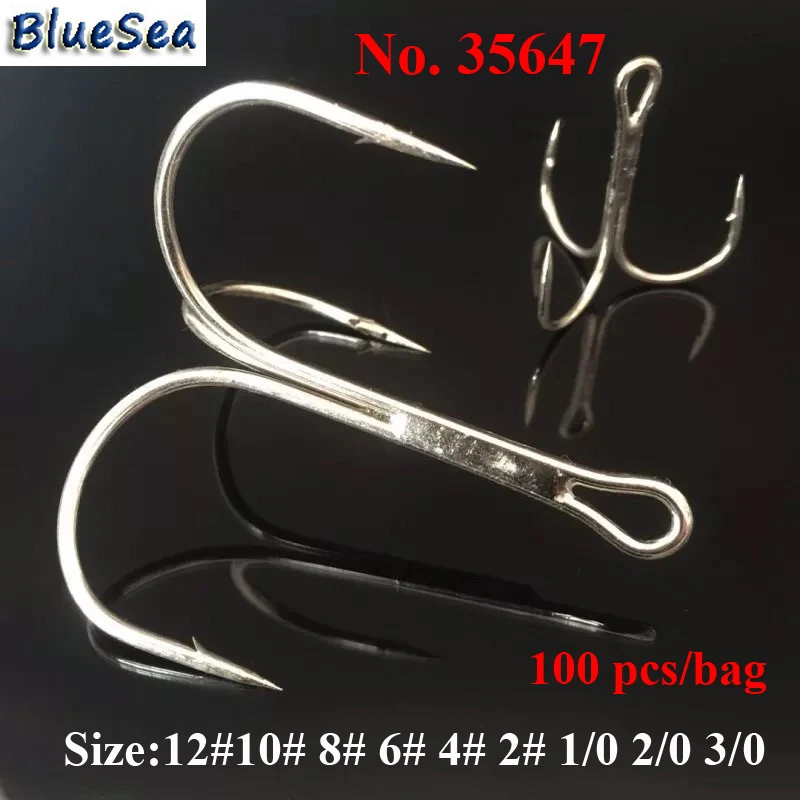 

BlueSea 100pcs/bag 35647 High Carbon Steel Treble Fishing Hook Silver Color Small Round Bent Triple Hard Lure Spoon Fishhook