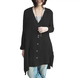 Женская льняная Свободная рубашка с v-образным вырезом и длинными рукавами, с пуговицами, с асимметричным разрезом, Повседневная