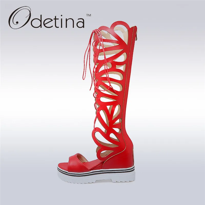 

Odetina 2018 New Fashion Women Gladiator Sandals Knee High Open Toe Sandals Thick Platform Wedge Summer Boots Sexy Big Size 43