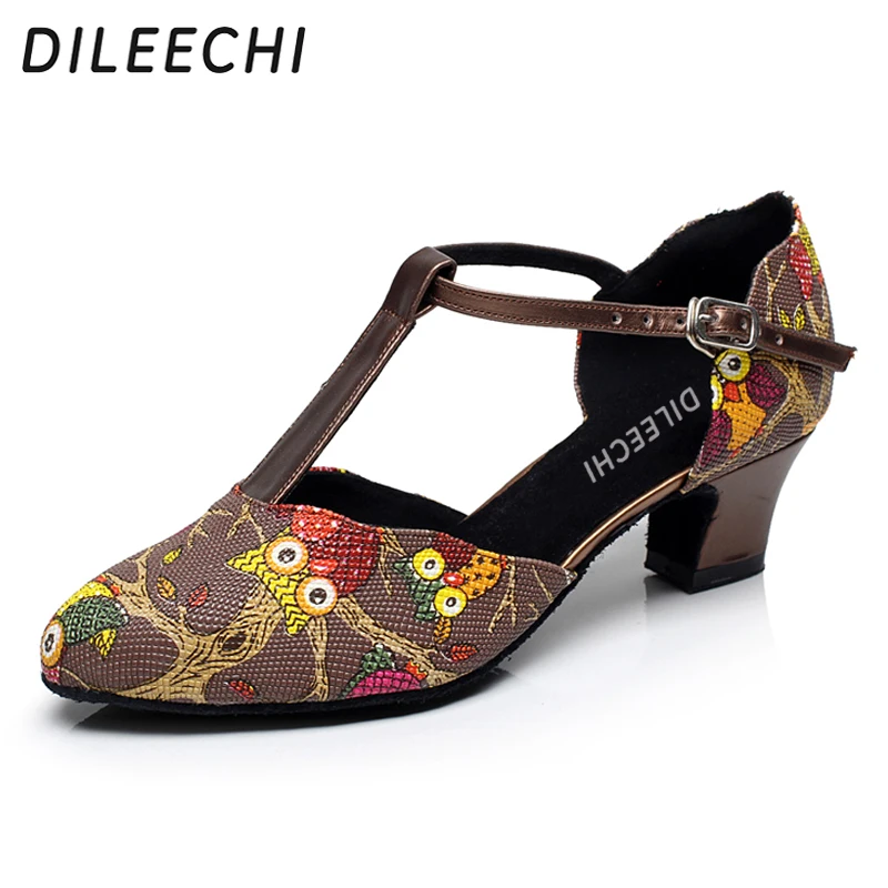

DILEECHI The new arrival Women's flower PU Latin dancing shoes female adults Winter and Autumn companionship modern dance shoes