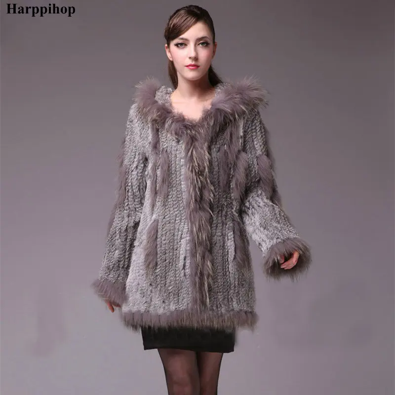 HARPPIHOP мех женское вязаное пальто из натурального кроличьего меха/куртка/верхняя одежда с капюшоном женский длинный пояс с кисточками