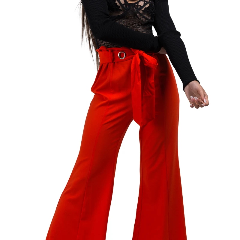 AKIRA Women's High Waist Grommet Hole Big Bow Belt Bell Bottom Wide Leg Flared Trouser Pants (1)