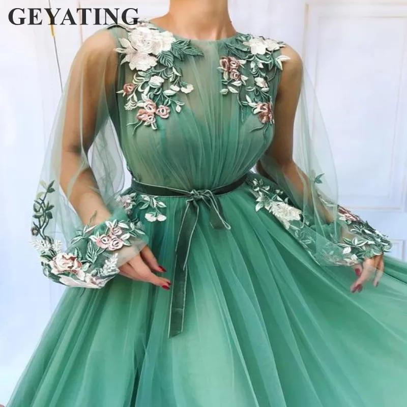 Платье-светильник изумрудно-зеленого цвета из тюля с длинными рукавами для выпускного вечера, элегантные женские вечерние платья, вечерние платья с вышитыми цветами