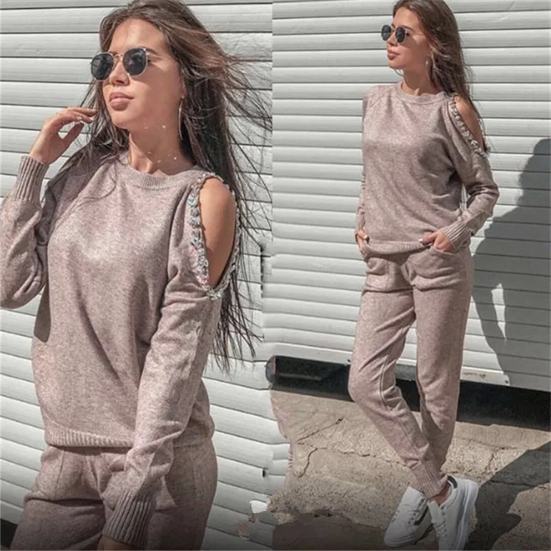 

Women's Tracksuit knitted Suits 2 Piece Set Handmade Sequined Beading Knitting Sweater and Pants Suit Set 2019 suits for women