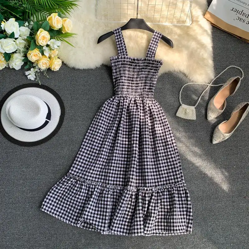 Slim Ladies Ruffles Vintage Plaid Print 2020 Sexy Summer Midi Dress Party Spaghetti Strap Women Casual Beach Elegant Vestidos