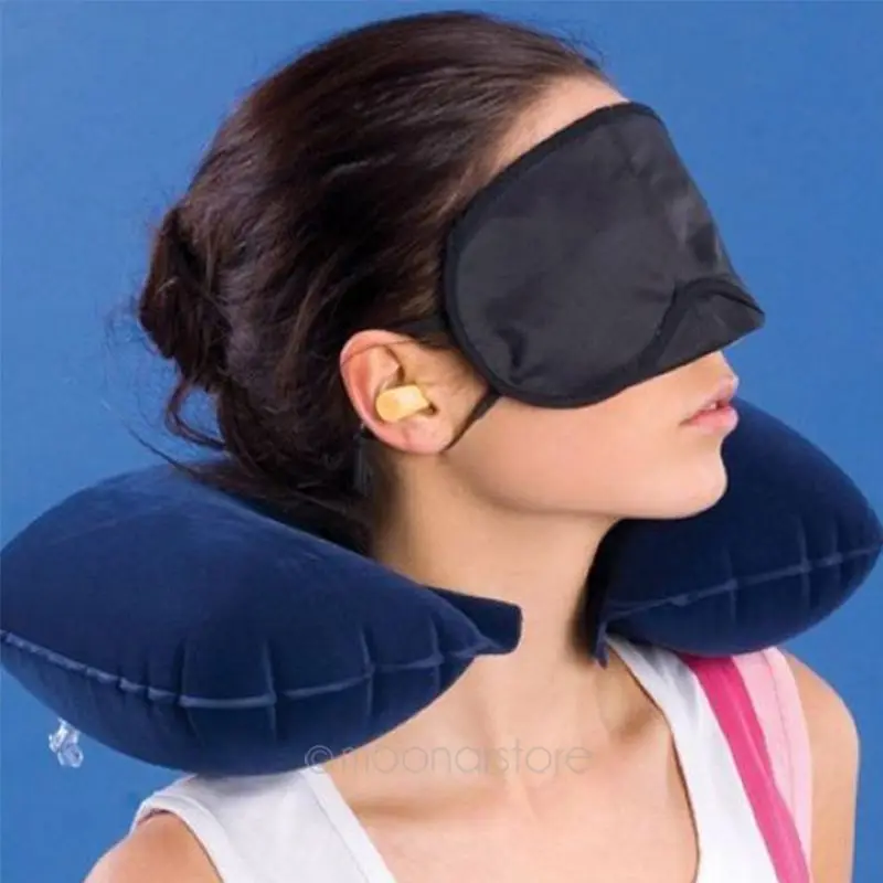 

Practical 3 in 1 Business Trip Sleep Set Inflatable Neck Air Cushion Pillow + Eye Mask + 2 Ear Plugs Easy Carrying Retail