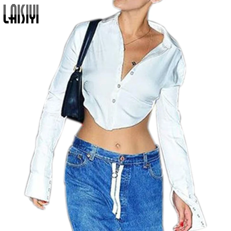 

LAISIYI Turn-down Collar White Shirts Long Sleeves Asymmetric Cropped Blouses Women Sexy Backless Tops Blusas Bandage ASBL20452