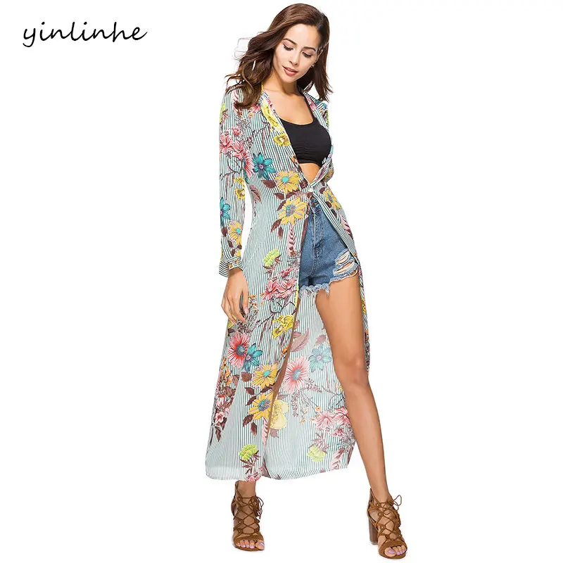 yinlinhe Rose Blouse Chiffon Beach Cover Up Bohemian kimono plus size Striped Shirts Women Long Sleeve Elegant Vestidos 033 | Отзывы и видеообзор -32850498682